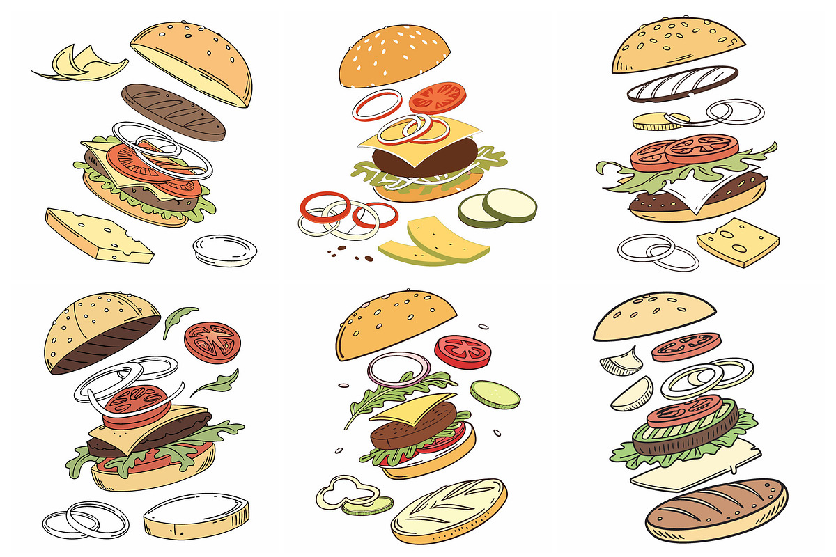Exploded Burgers with Toppings, an Object Graphic by Billah Hub