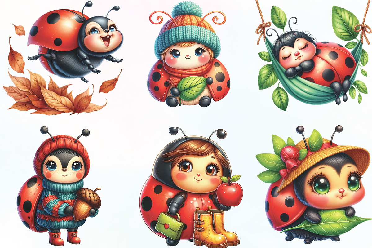 Cute Cartoon Autumn Ladybug Clipart, an Illustration by CraftArtStudio (Photo 2 of 6)