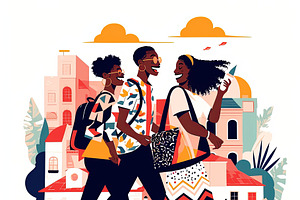 Three friends joyfully walking outdoors in a colorful urban setting, an Illustration by AS photostudio