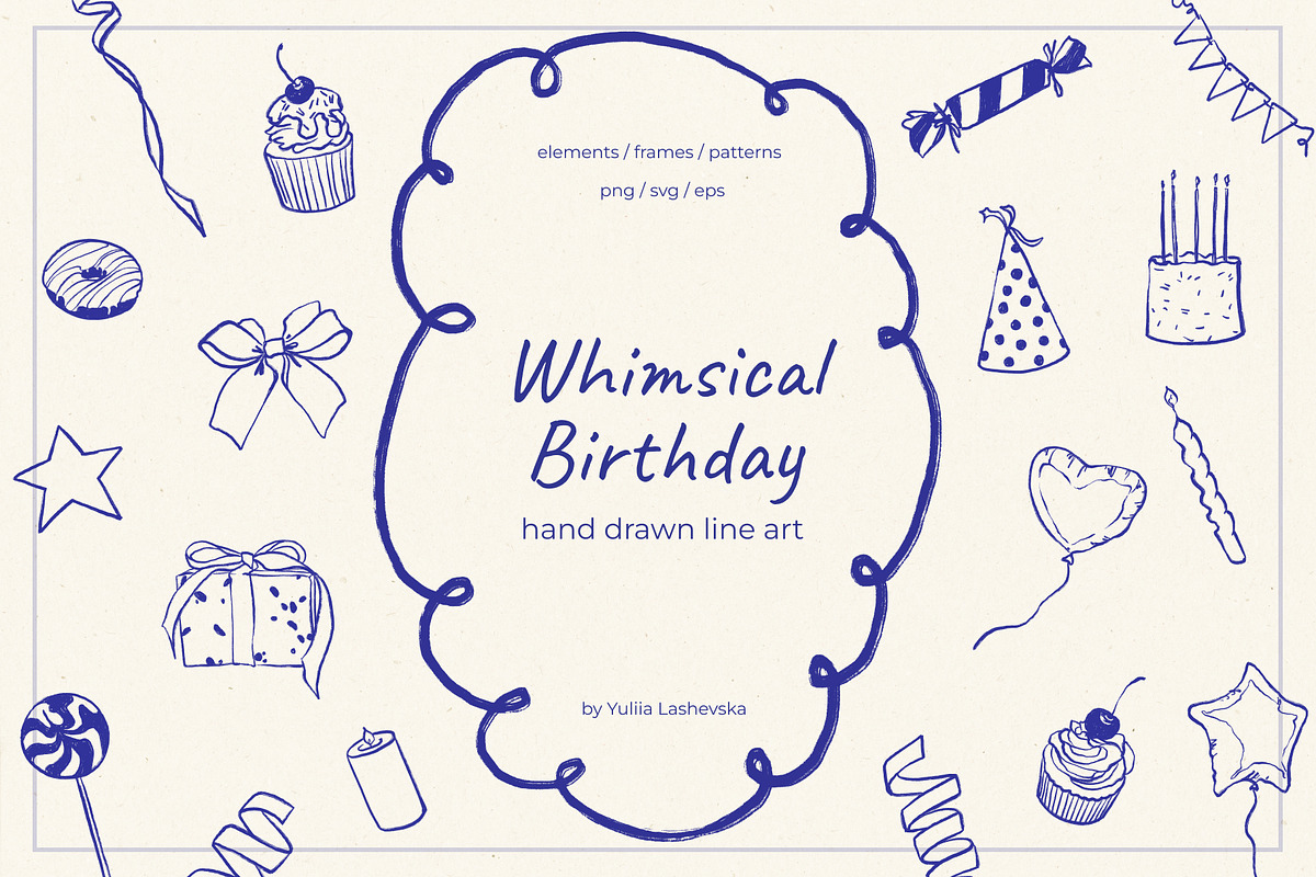 Whimsical Birthday line art, a Decorative Illustration by Yuliia Lashevska (Photo 1 of 11)