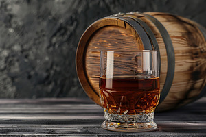 Glass of scotch whiskey and wooden barrel on wooden table, a Food & Drink Photo by AlyaAnd