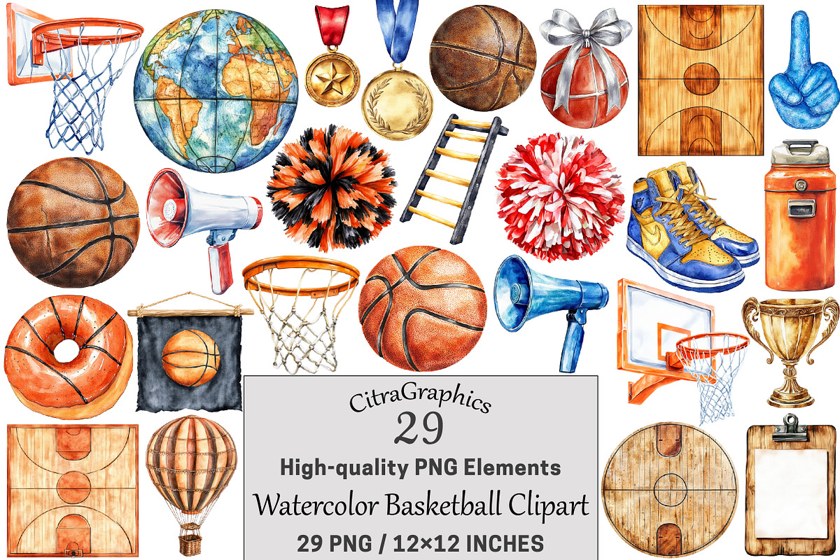 Watercolor Basketball Clipart, a Seasonal Illustration by CitraGraphics (Photo 1 of 4)