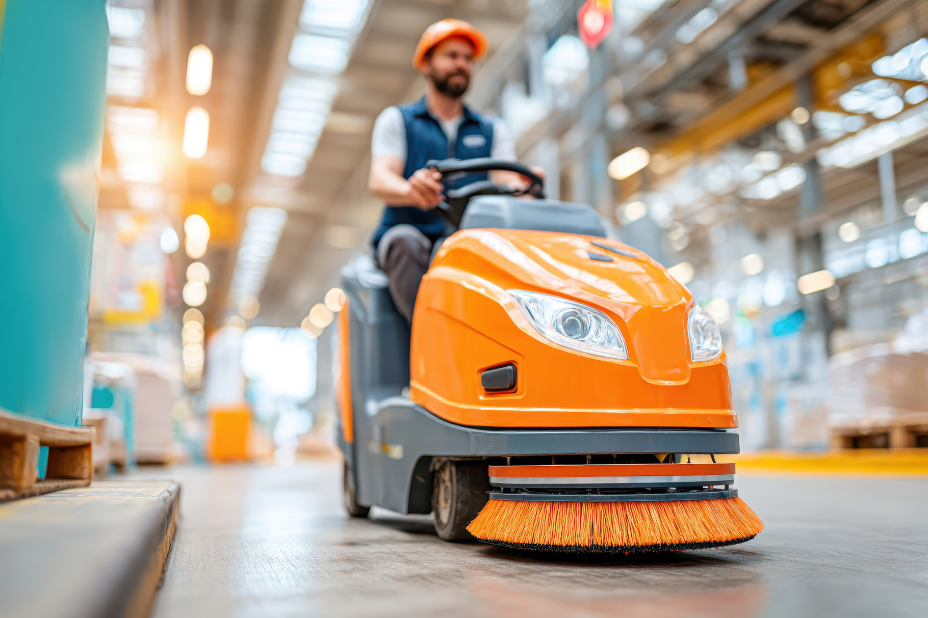 Worker using an industrial floor sweeper in a warehouse, a Person Photo ...