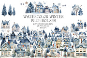 Watercolor Winter Blue houses, an Object Illustration by Evgeniia (Thumbnail 1 of 6)