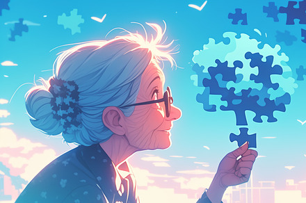 Elderly Woman Reflecting with Puzzle Pieces in a Conceptual Sky Scene, an Illustration by AS photostudio