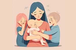 Mother With Crying Childrens