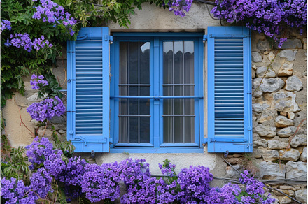 Charming blue window with purple, an Architecture Photo by Ylivdesign