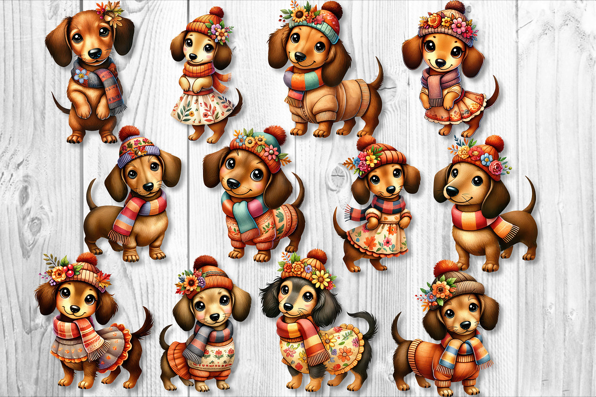 Cute Autumn Dachshund Clipart Set, a Seasonal Illustration by V Design Creator (Photo 9 of 9)