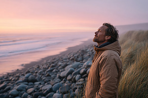Man enjoying sunset at rocky beach during calm evening by the ocean, a Photo by AlyaAnd