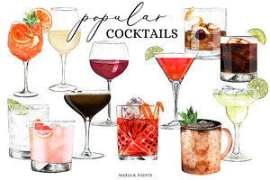 Popular Cocktails Watercolor Drinks, a Food Illustration by Maria B. Paints