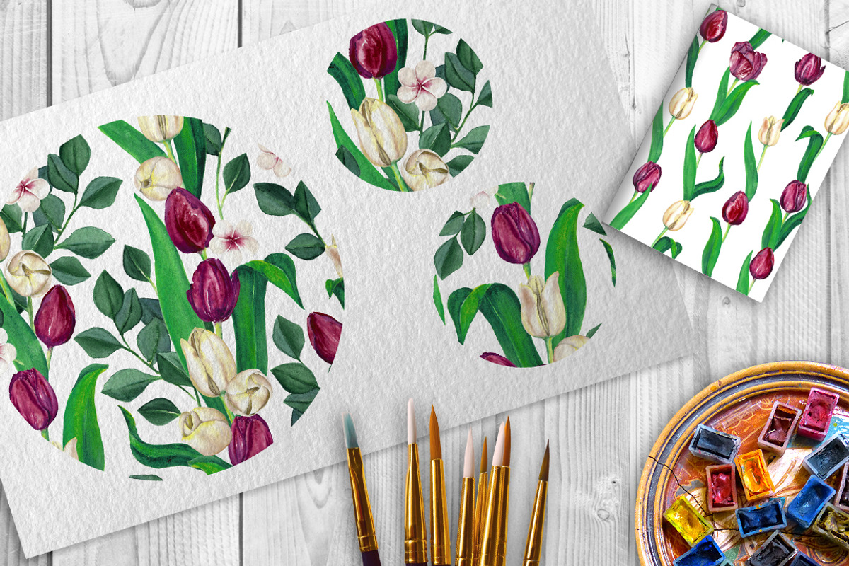 Burgundy and Cream Tulips Patterns, a Pattern Graphic by WBS Design (Photo 2 of 4)