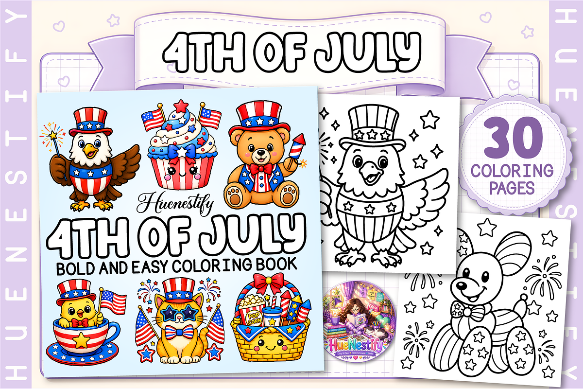 4th of July Bold Easy Coloring Book, a Seasonal Illustration by HueNestify (Photo 1 of 4)