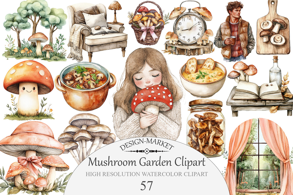 Watercolor Mushroom Garden Clipart, an Illustration by Design Market (Photo 1 of 5)
