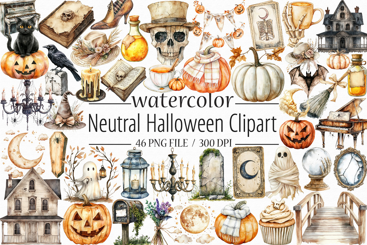 Watercolor Neutral Halloween Clipart, an Illustration by Libby Wishes (Photo 1 of 5)
