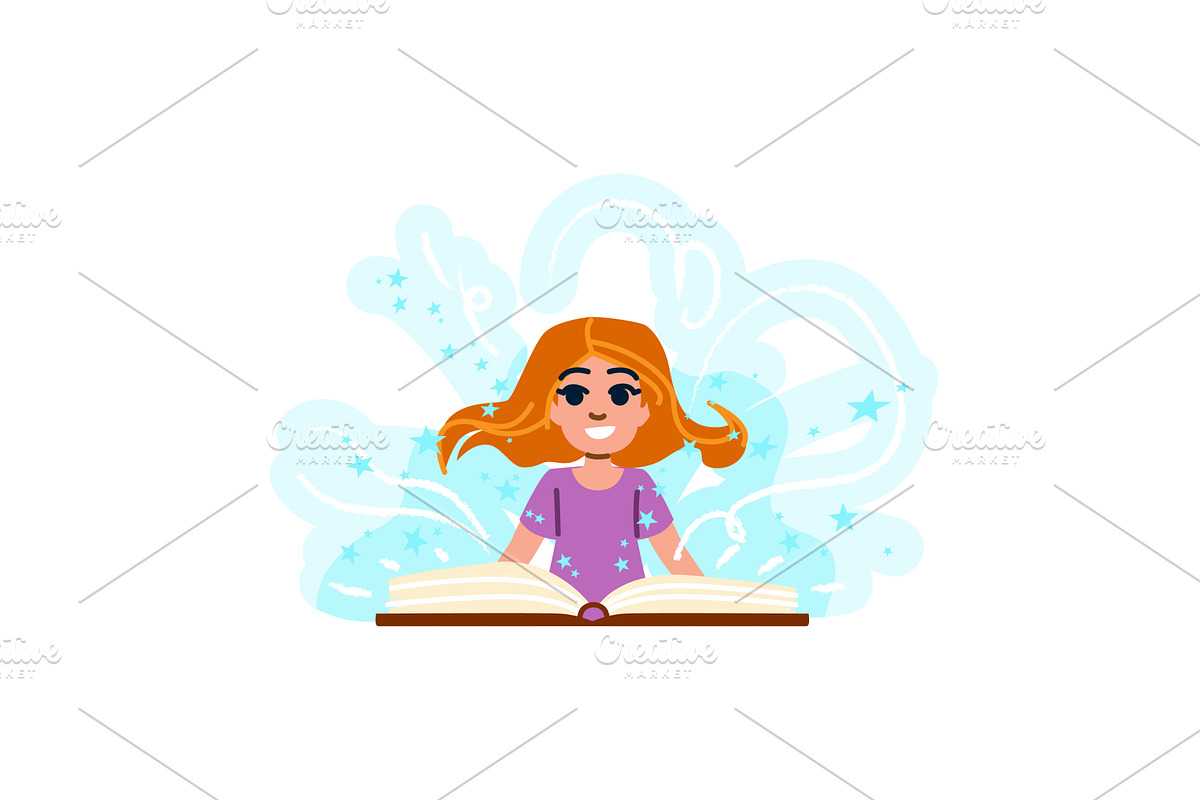 Smiling girl reading a magic book, an Object Illustration by pikepicture
