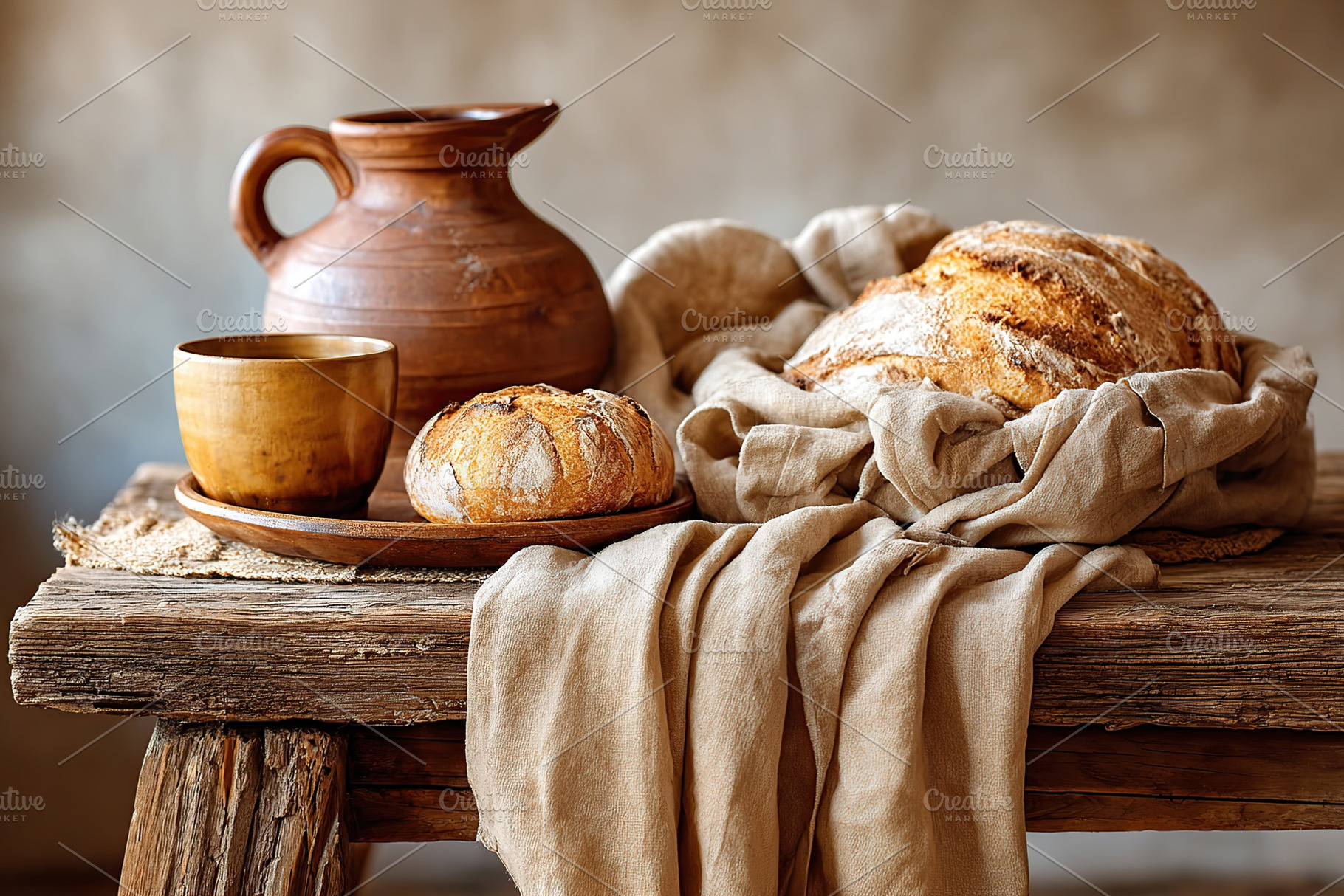 Rustic still life featuring clay jug, wooden bowl, and freshly baked bread on w, a Food & Drink Photo by AlyaAnd