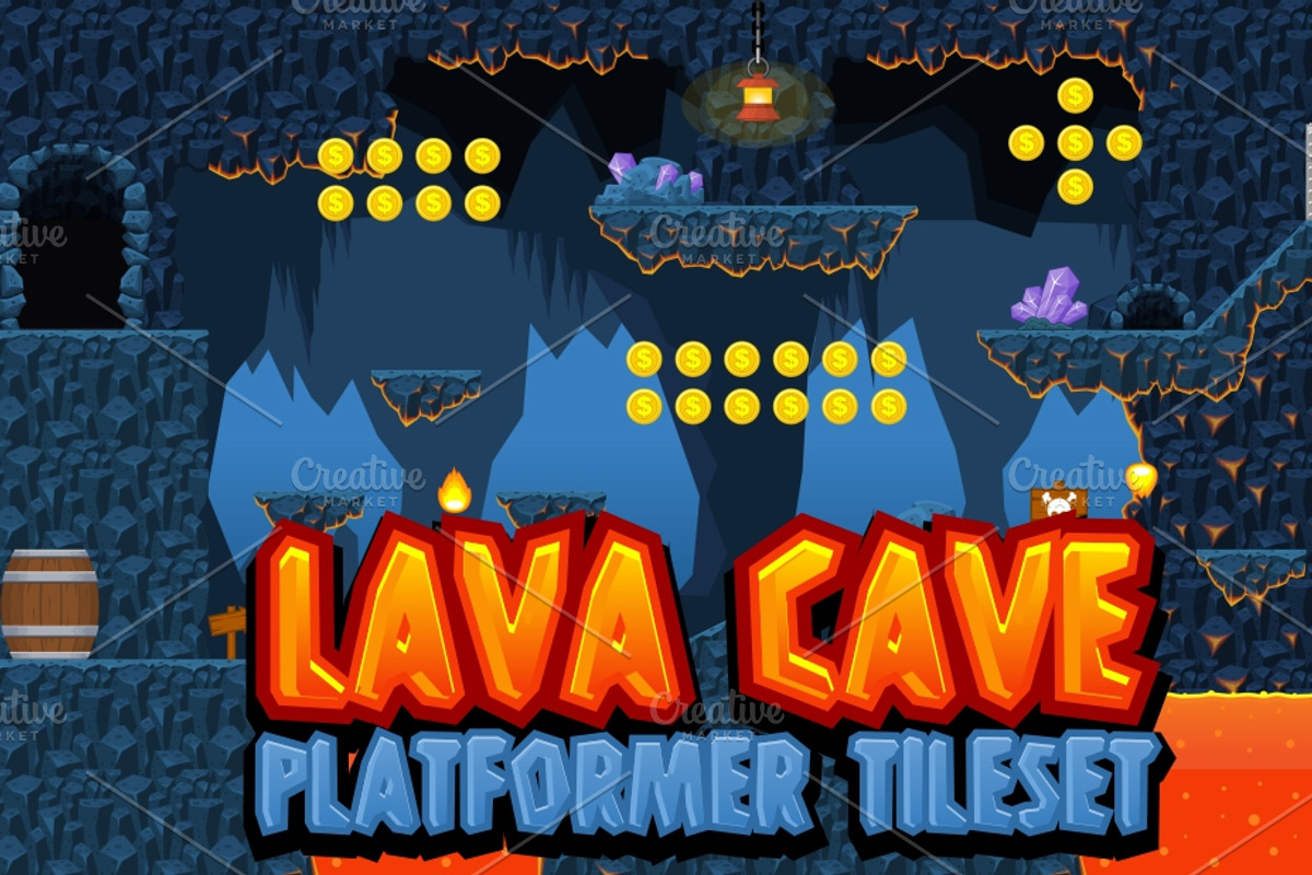 Lava Cave - Platformer Tileset, an Illustration by pzUH