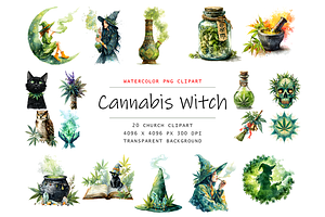 Watercolor Witches Cannabis Clipart