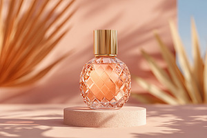 Elegant perfume bottle displayed on a pedestal against a warm, tropical backdro, a Beauty & Fashion Photo by AlyaAnd