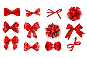 Realistic Bow Set. Red Silk Ribbons