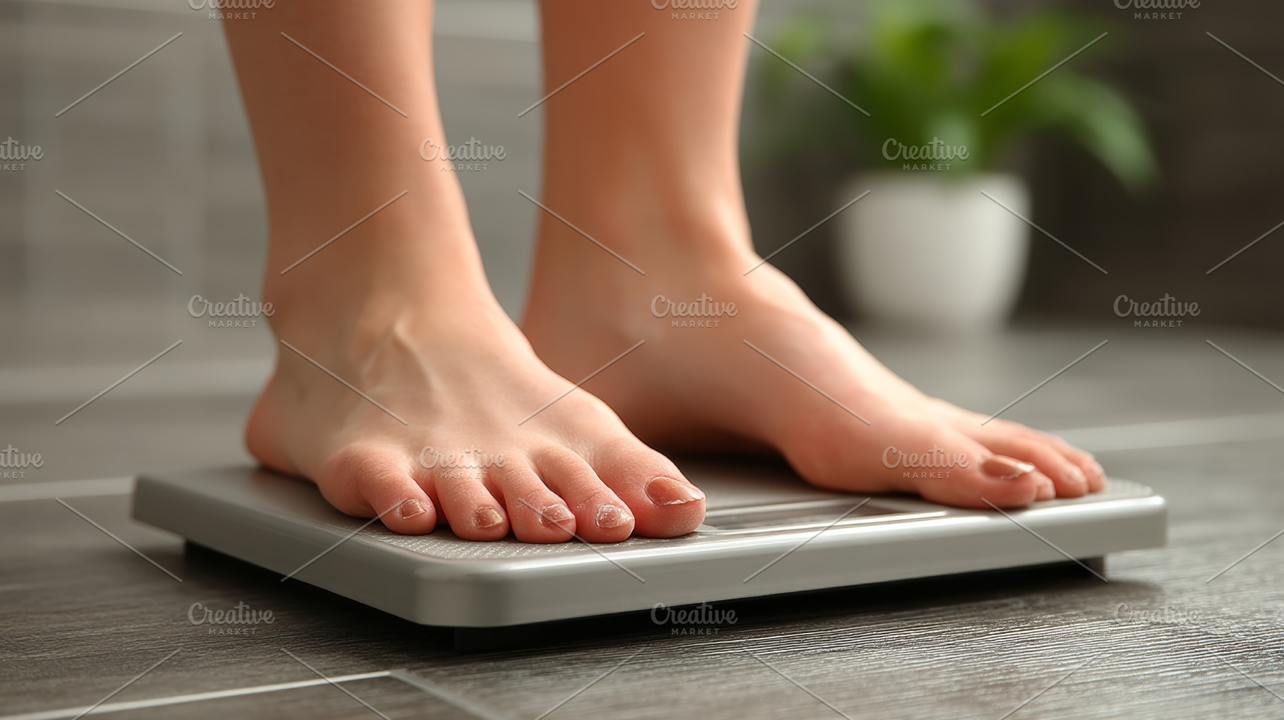 Person standing on a scale in a home environment measuring weight progress, a Photo by AS photostudio