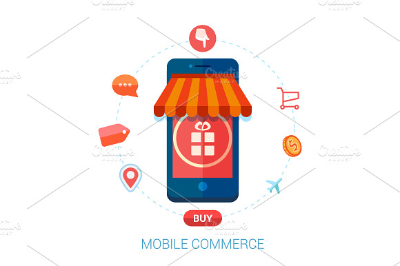 Online Mobile Shopping Flat Icons.