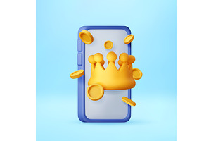 3D Golden crown and coins on mobile, a Technology Illustration by Abscent