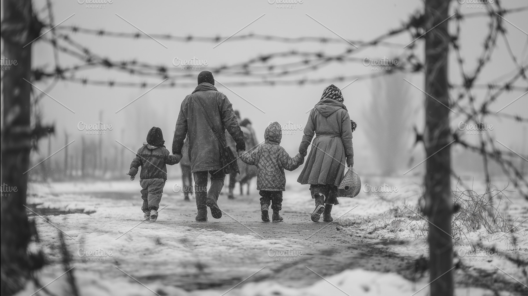 Refugee family walks through a snowy, a Person Photo by MistyDay