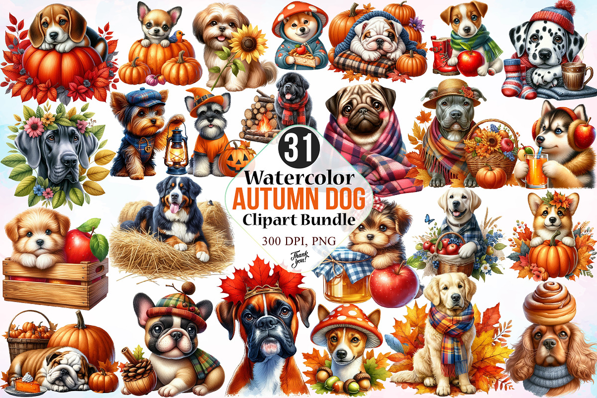 Watercolor Autumn Dog Clipart Bundle, a Seasonal Illustration by Canvas Craft (Photo 1 of 8)
