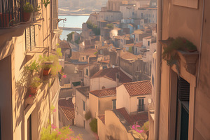 A picturesque alleyway leading down to a scenic view of a coastal town, with ch, a Photo by Textures & Backgrounds