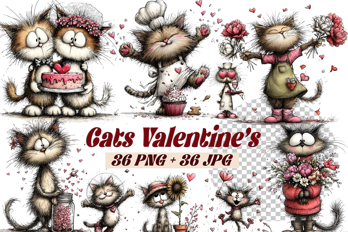 Whimsical Cat Valentine Clipart Set, an Animal Illustration by one-touch (Photo 1 of 19)