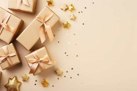 Christmas gift boxes on beige background, a Holiday Photo by AlyaAnd