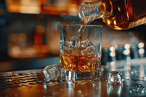Pouring scotch whiskey from bottle into glass on blurred bar bac, a Food & Drink Photo by AlyaAnd