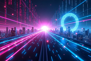 Futuristic city skyline with digital, an Arts & Entertainment Photo by Artonix