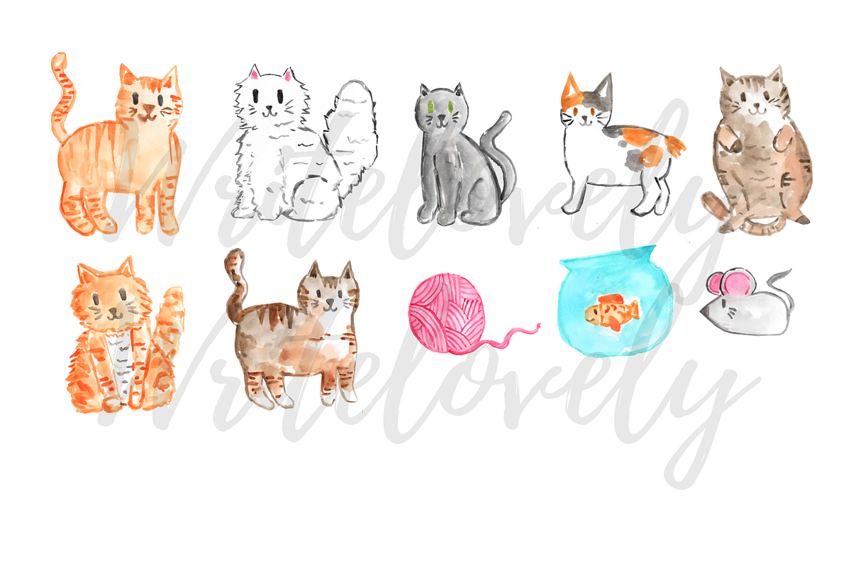 Watercolor cat clipart, an Animal Illustration by Writelovely (Photo 2 of 2)