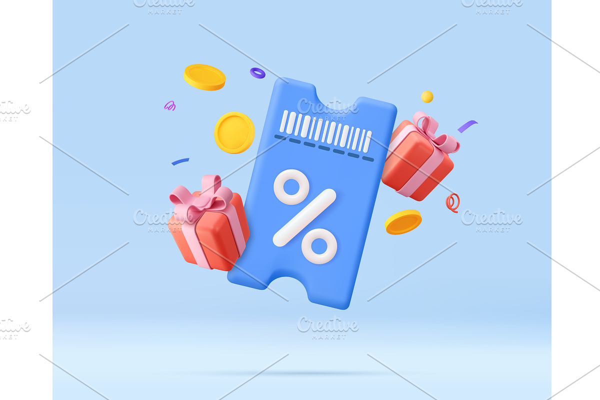 3D discount coupon with gifts and, a Finance Illustration by ModVector