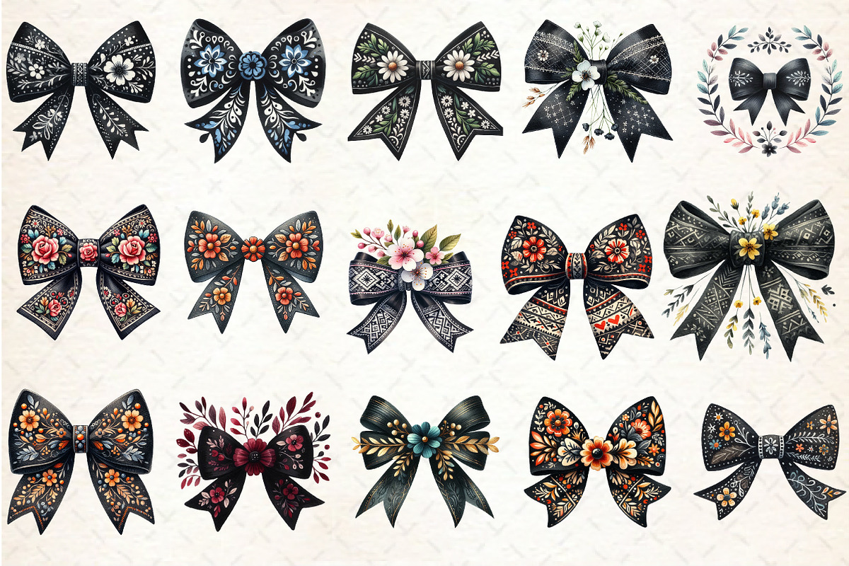 Folk Art Black Bow Flowers Clipart, an Illustration by Rose Art (Photo 2 of 4)