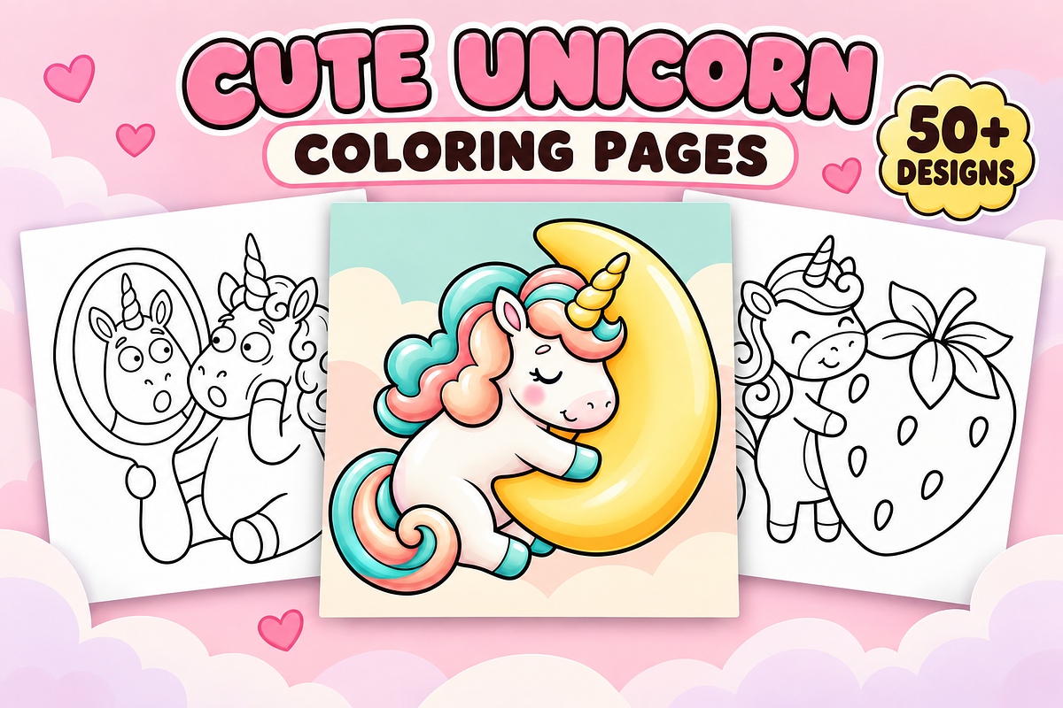 Cute Unicorn Coloring Pages Vol. 2, a Seasonal Illustration by Inkivelle Studio (Photo 1 of 3)