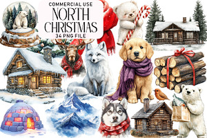 North Christmas Watercolor Clipart, an Illustration by Daily.Designs