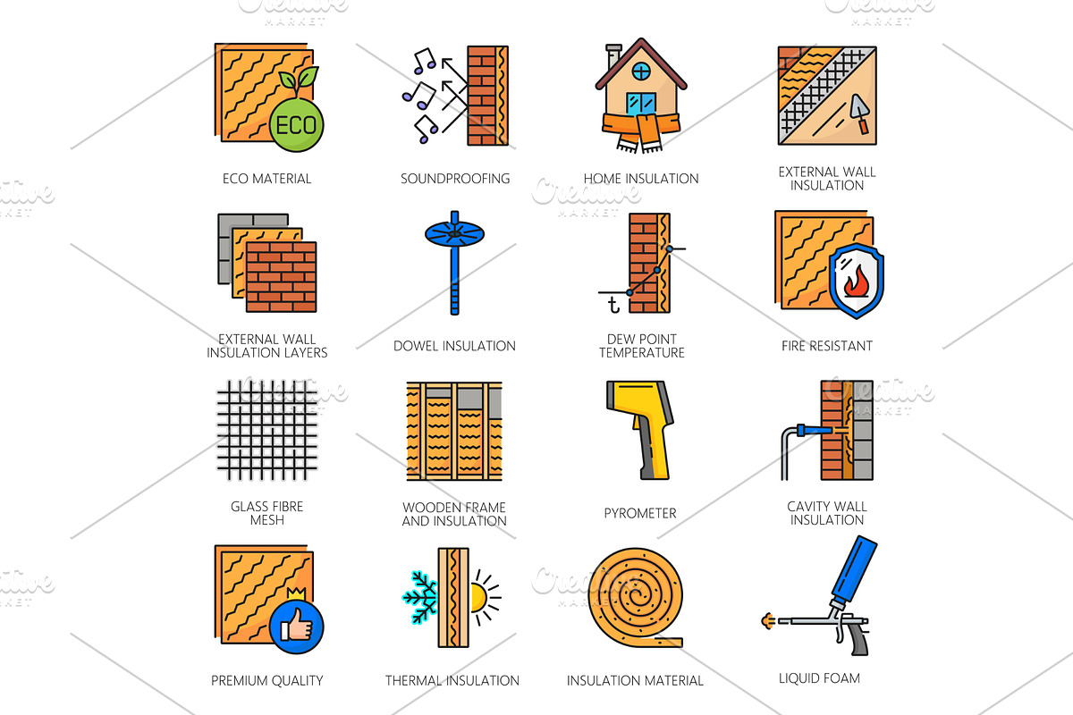 Wall thermal insulation icons, an Object Illustration by Vector Tradition