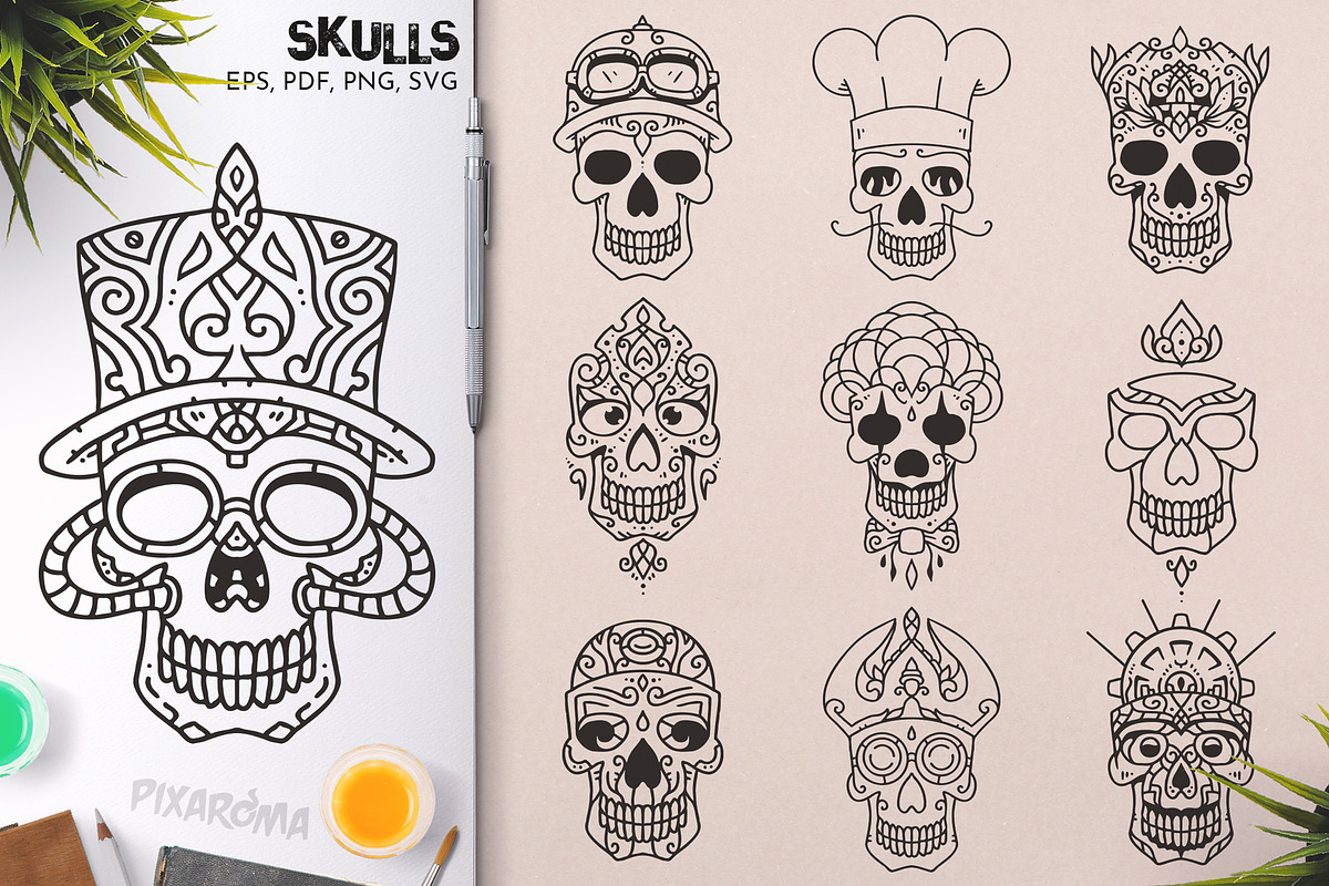 100 Decorative Vector Skulls, a Decorative Illustration by pixaroma (Photo 14 of 37)