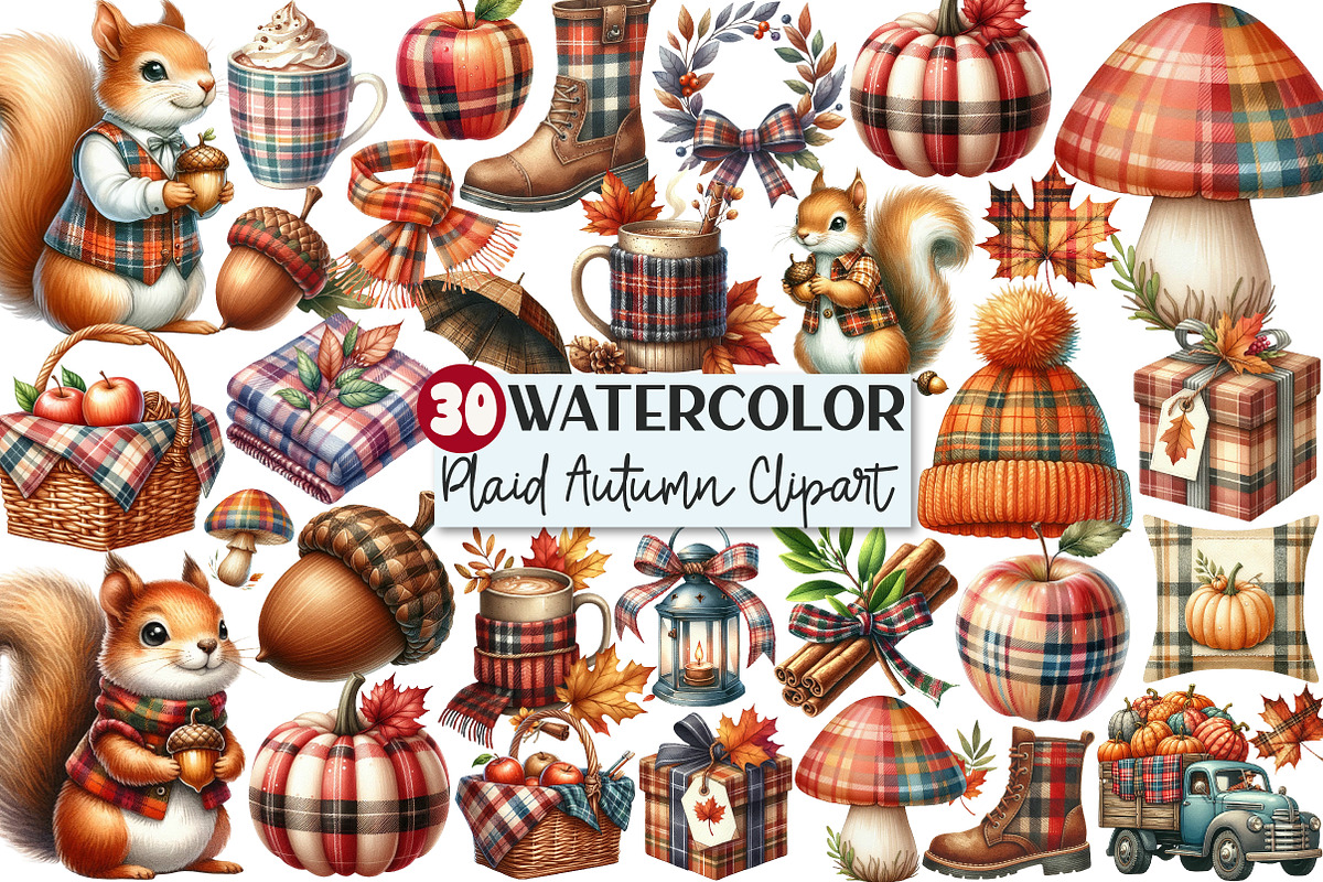Watercolor Plaid Autumn Clipart, an Illustration by Rose Art (Photo 1 of 7)