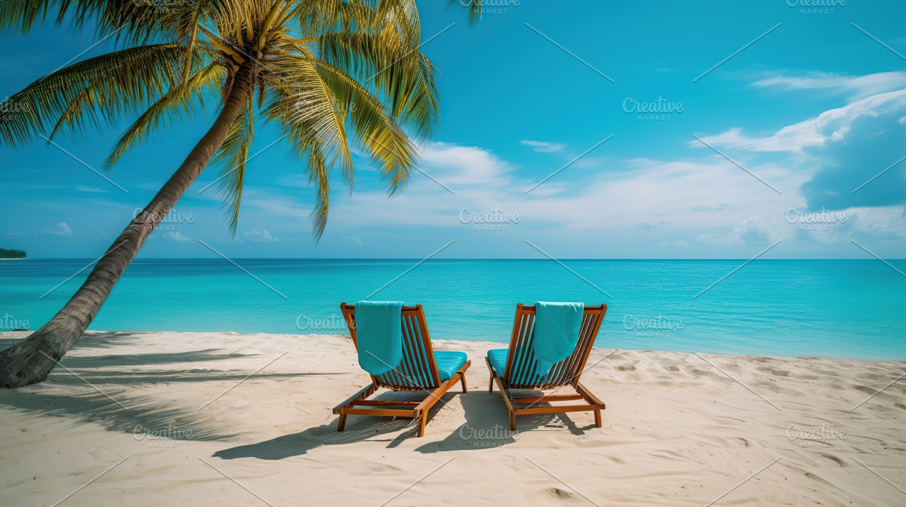 Illustration of deck chairs on sandy beach near palm tree. Generative AI, a Nature Photo by AlyaAnd