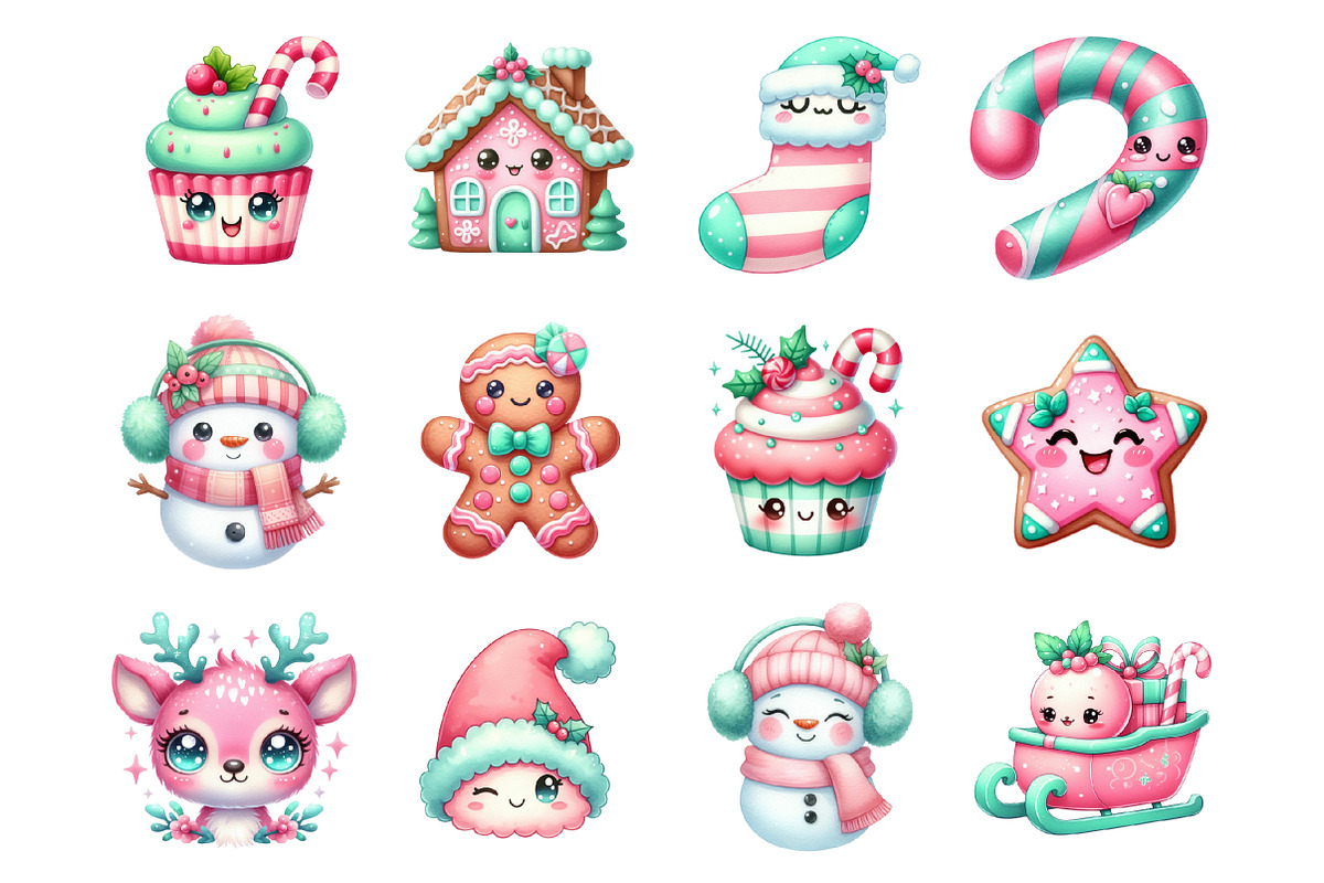 Kawaii Pink Mint Christmas Clipart, a Graphic by CitraGraphics