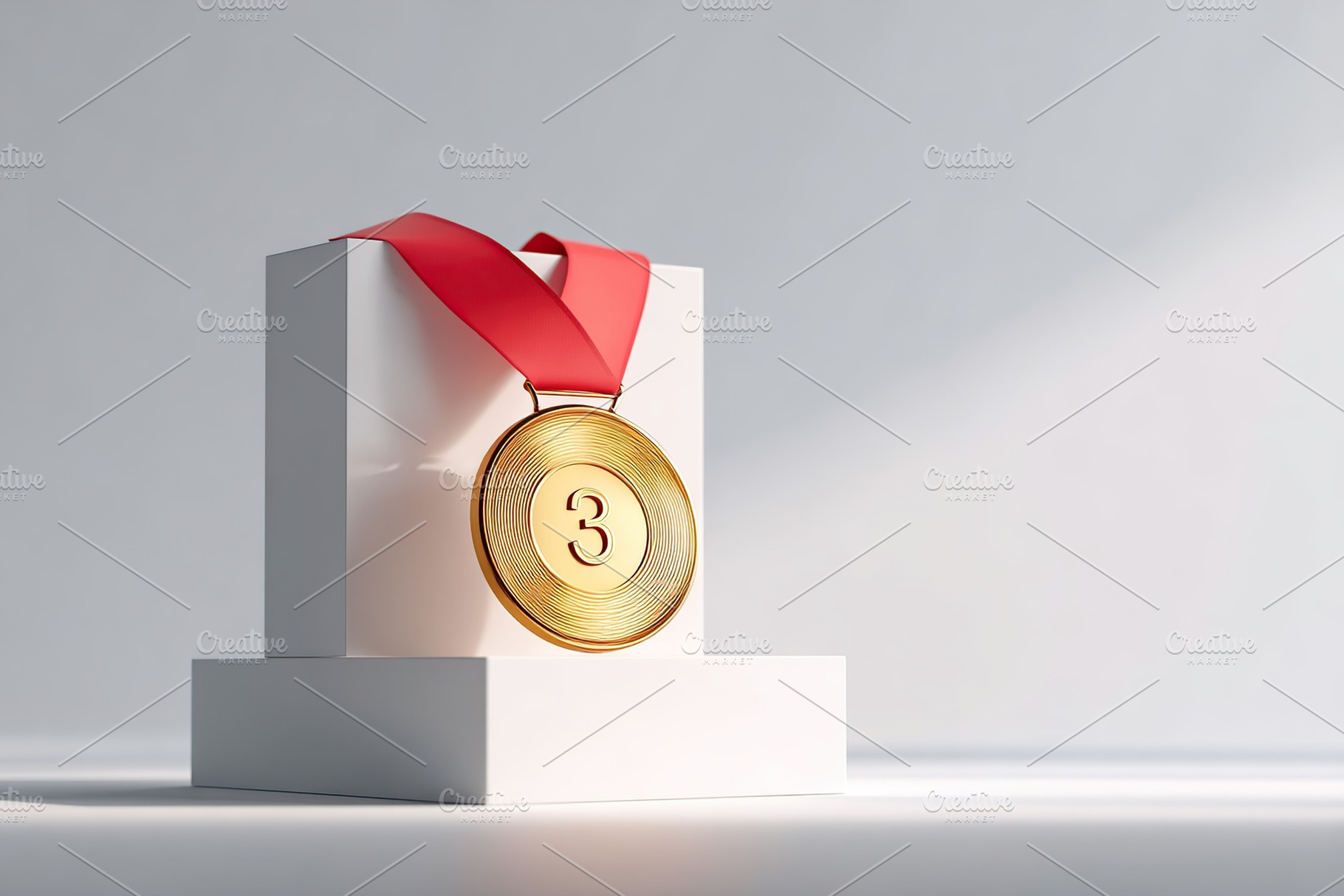 Golden medal displayed on a clean white podium with a red ribbon on a bright ba, a Sports & Recreation Photo by AlyaAnd