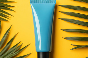 Bright blue sunscreen tube placed on yellow background surrounded by green palm, a Beauty & Fashion Photo by AlyaAnd
