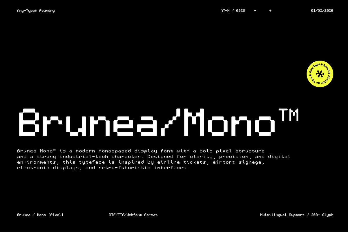 Brunea – Pixel Monospaced Font, a Sans Serif Font by Any-Type® Foundry (Photo 1 of 9)