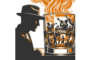 Jazz Scene Reflected in Glass of, a Person Illustration by AlexArt