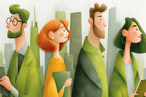 Green business team of professionals in an ecology themed city skyline illustra, a Photo by AS photostudio