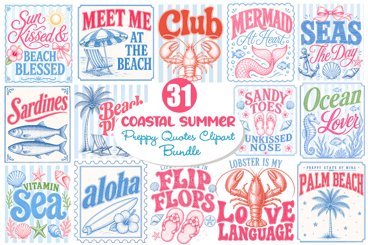 Preppy Coastal Summer Clipart Bundle, a Seasonal Illustration by Dream Creation (Photo 1 of 11)